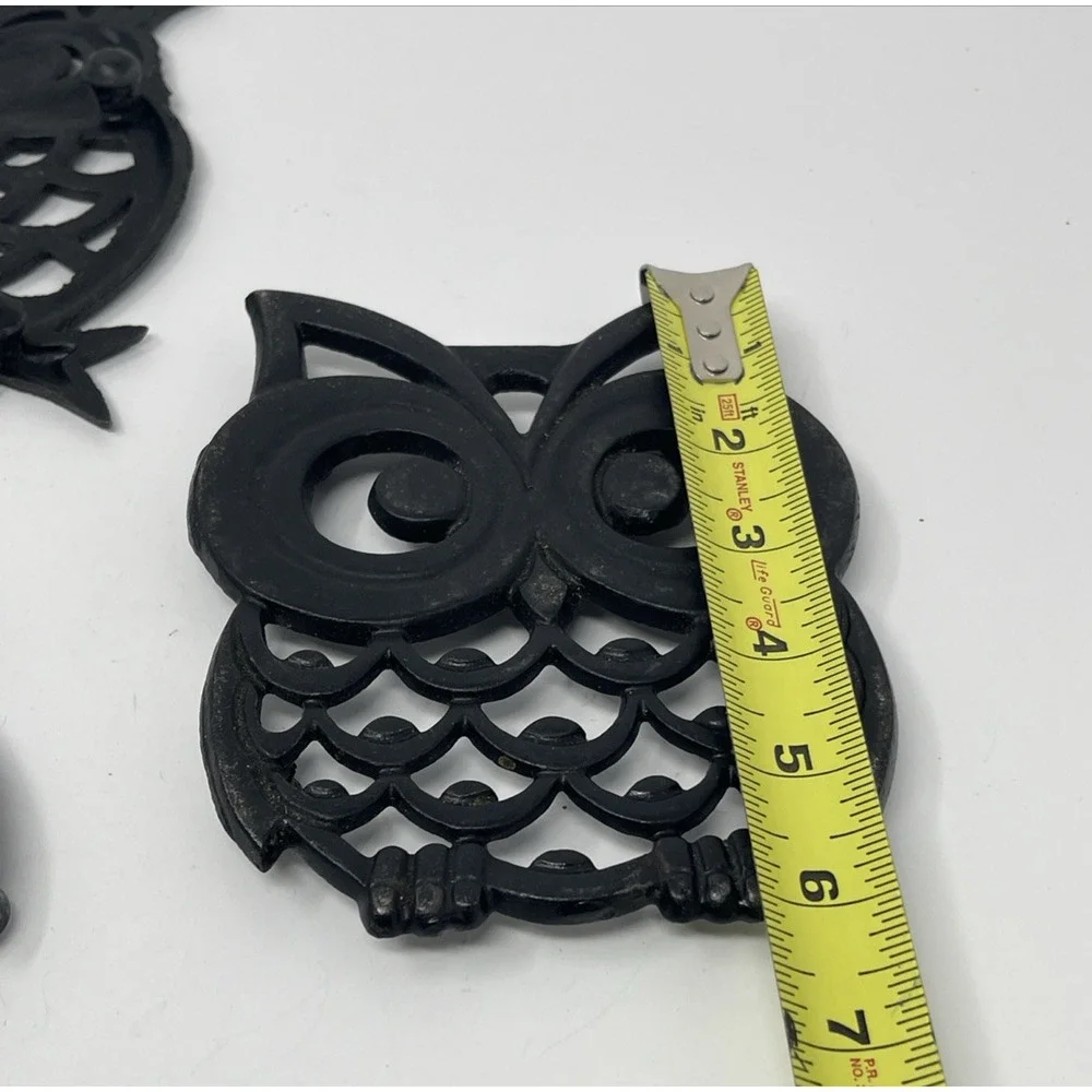 Vintage Cast Iron Trivet Black Owls Set Of 3 Hot Plates Rustic MCM Decor